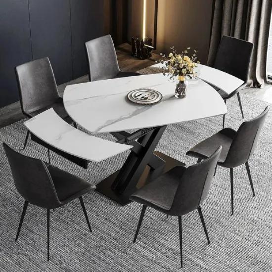 간단한 저렴한 북유럽 식당 테이블 대리석 디자인 직사각형 소결 돌 접이식 확장형 가구 테이블과 의자